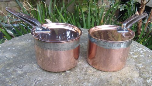 Two Fine Stamped Copper Pans & Lids C1880