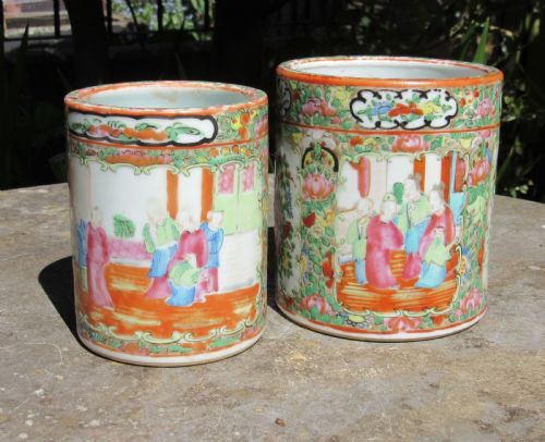 Two Chinese Cantonese Famille Rose Brush Pots C1880