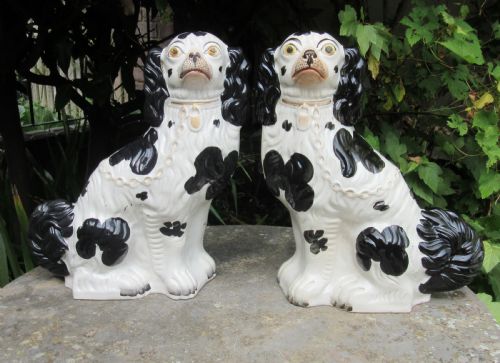 Grand Pair of Victorian Black & White Staffordshire Dogs No1