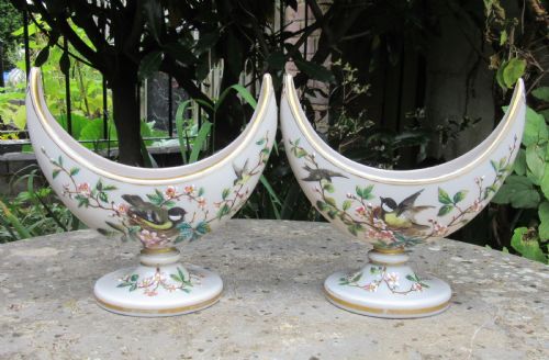 Super Pair of Victorian Crescent-shaped Opaline Vases