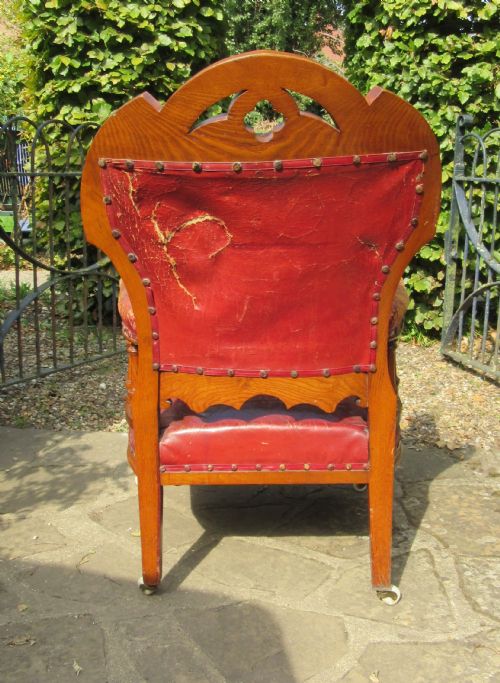 VICTORIAN GOTHIC GOLDEN OAK RED LEATHER ARMCHAIR - ADDITIONAL PHOTO 1