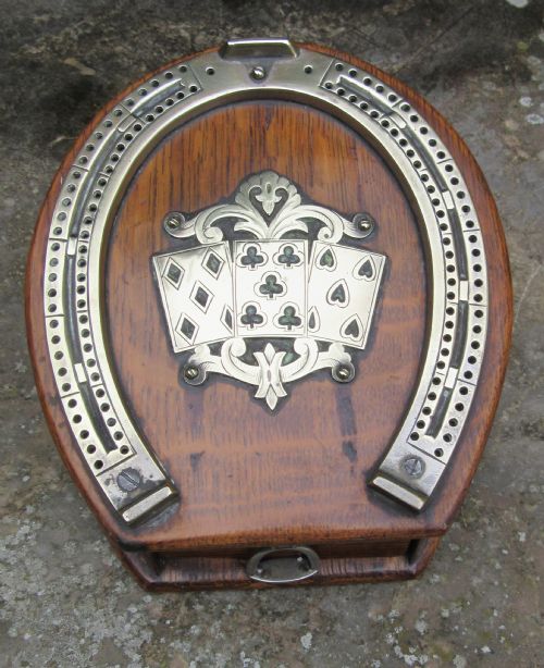 Antique Oak Horseshoe Cribbage Board Box