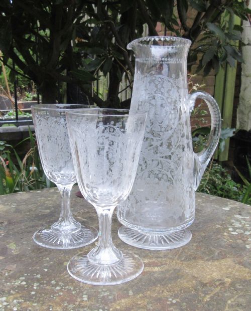 Etched Glass Wine Jug & Glasses C1890
