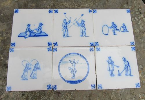 Six Antique Child's Play Dutch Delft Tiles
