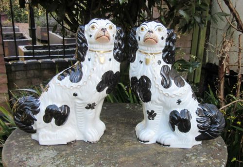 Large Pair No 1 Black & White Staffordshire Dogs C1860