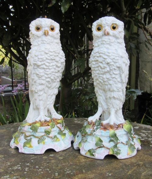 Pair Antique German Porcelain Owl Lamp Bases