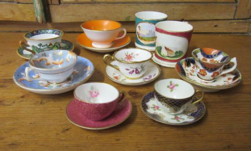 fig 1. COLLECTION ANTIQUE MINIATURE CUPS & SAUCERS 1840-1930