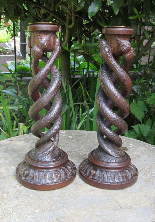 Pair British Oak Triple Serpent Candlesticks C1860
