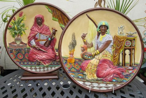 Large Pair Schutz Cilli Majolica Wall Plaques C1890