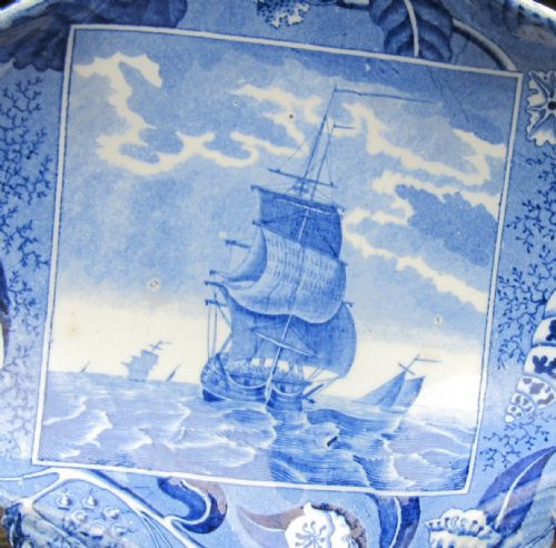 fig 1. ENGLISH BLUE & WHITE POTTERY SHIPPING SERIES DISH c1810