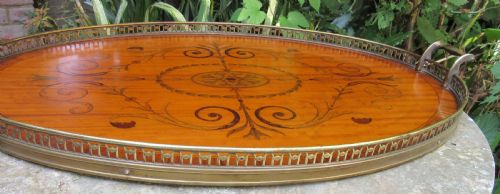 FINELY INLAID SATINWOOD TRAY WITH BRASS GALLERY C1880 - ADDITIONAL PHOTO 3