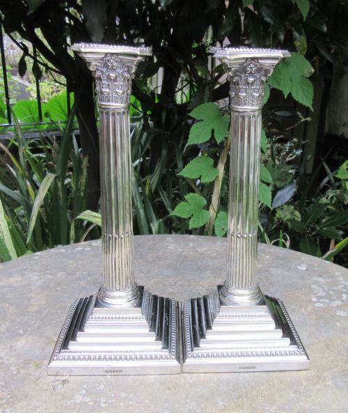 Pair Silver Plated Corinthian Column Candlesticks C1900