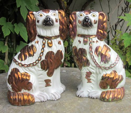 Pair Victorian Copper & White Staffordshire Dogs C1860