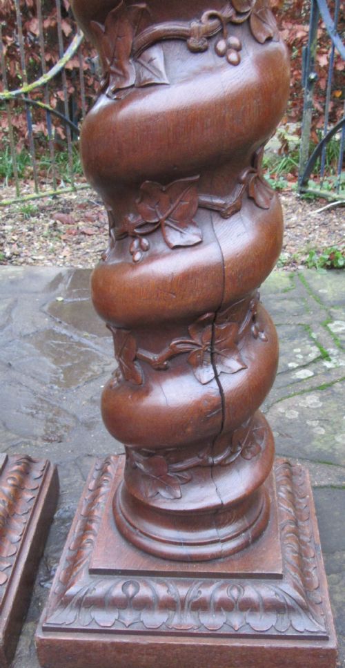GRAND PAIR OAK SPIRAL COLUMN PEDESTALS C1860 - ADDITIONAL PHOTO 7