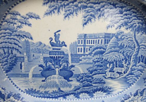 fig 1. ENGLISH TRENTHAM HALL HERCULES FOUNTAIN BLUE & WHITE SERVING PLATE