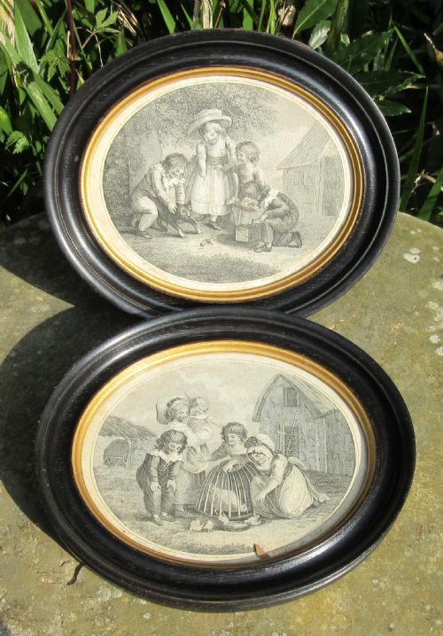 Pair 19thc Suntach Engravings of Children at Play