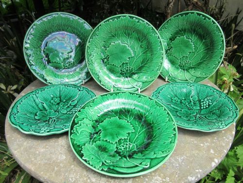 Six Majolica Green Leaf Plates C1880