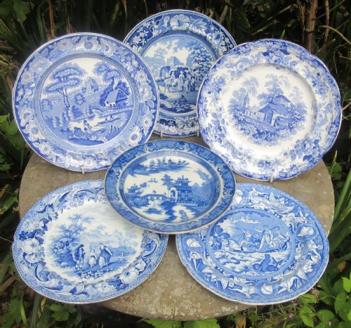 Six English Blue & White Pottery Plates 1800-1840