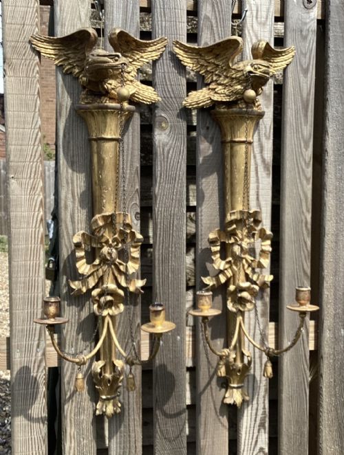 Large Pair 19thc Giltwood Eagle Sconces