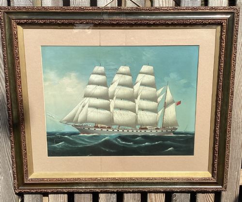 fig 1. A pair of framed early 20th-century maritime oil paintings depicting a three-masted barque sailing ship at sea in contrasting weather conditions.