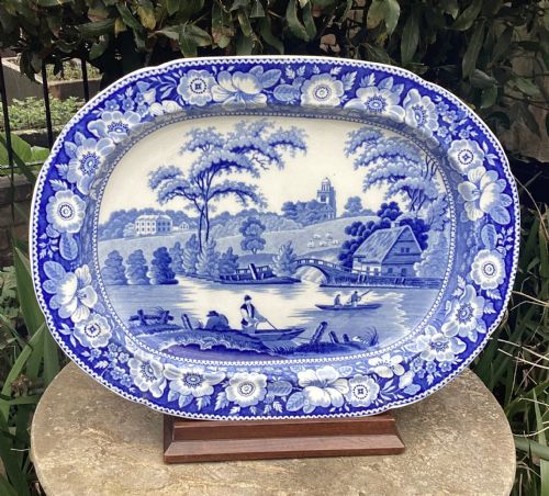 Fine Large Wild Rose Blue & White Pottery Platter C1830