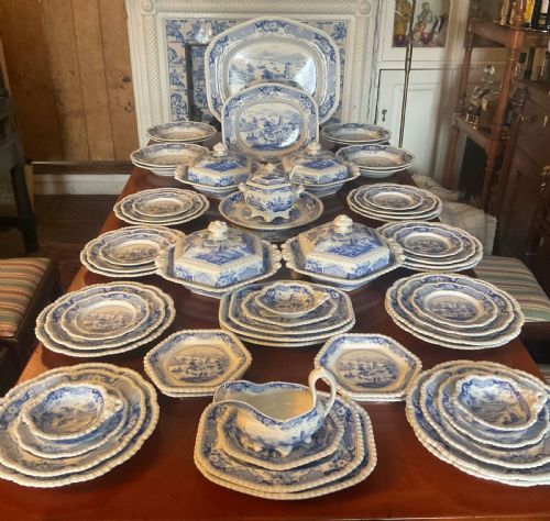 Georgian Blue & White Ridgway India Temple Dinner Service C1820