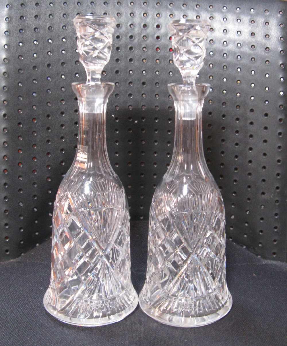 PAIR OF TALL 1920s MALLET SHAPED GLASS DECANTERS
