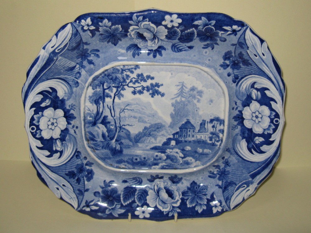 BLUE & WHITE STAFFORD GALLEY OPAQUE CHINA SERVING PLATE c1850
