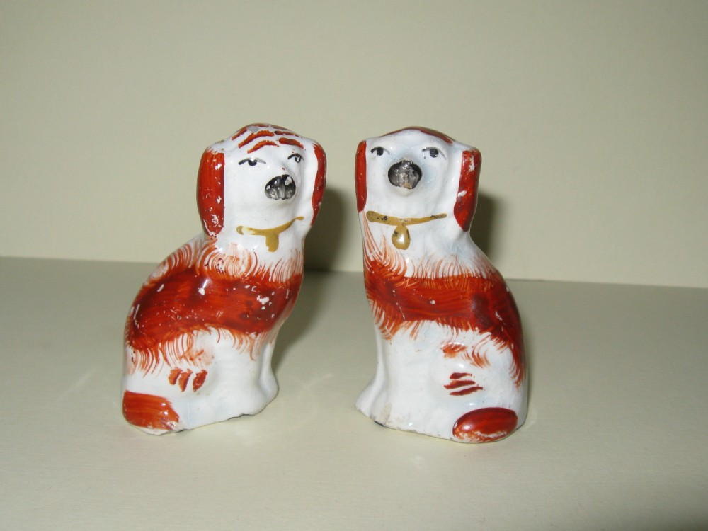 RARE PAIR OF MINIATURE STAFFORDSHIRE RED & WHITE SPANIELS c1860