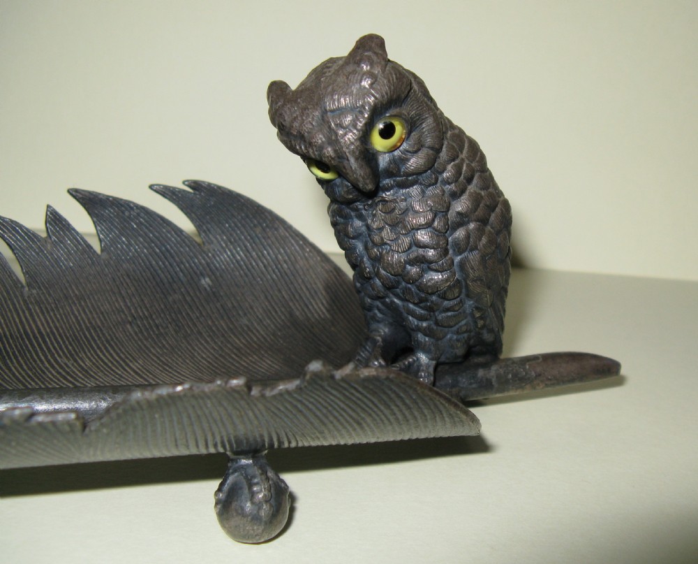 VICTORIAN METAL OWL AND FEATHER PEN STAND c1880