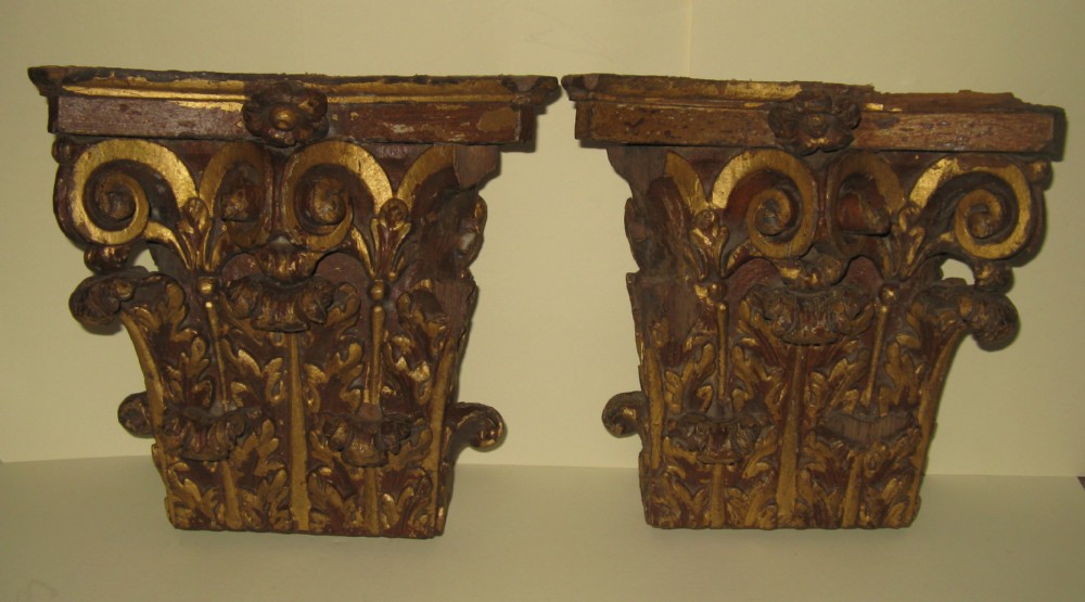 PAIR OF ANTIQUE CARVED & GILDED CORINTHIAN COLUMN CAPITALS