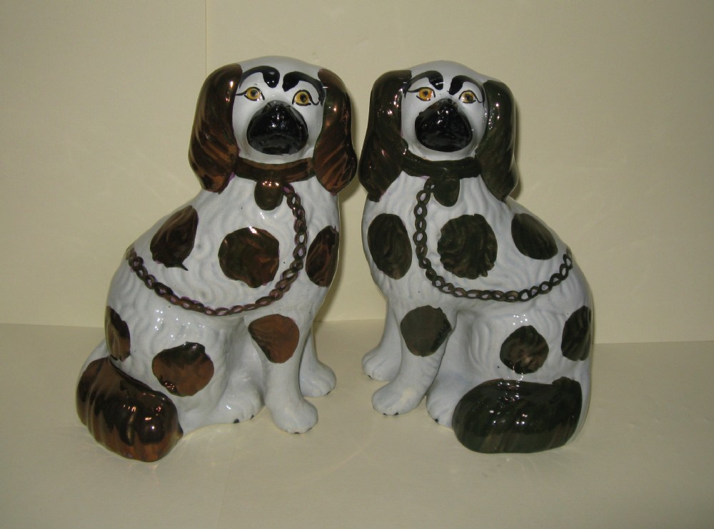 PAIR OF VICTORIAN STAFFORDSHIRE COPPER LUSTRE DOGS c1880