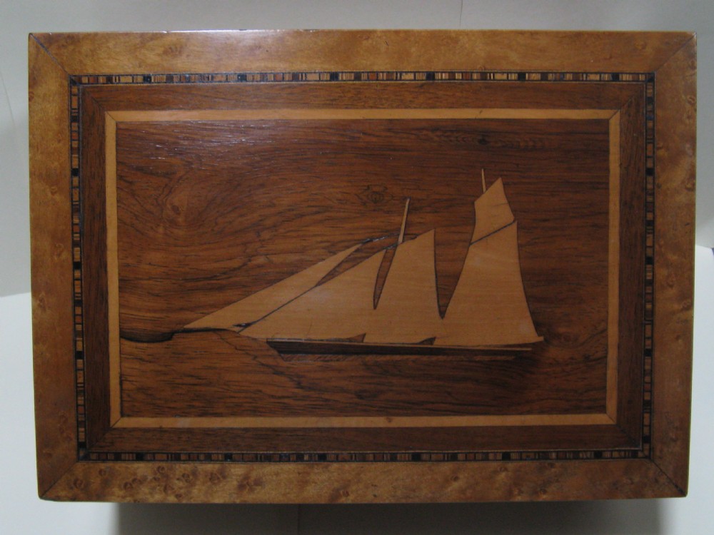 MAPLE, ROSEWOOD & TUNBRIDGE STYLE INLAID MARQUETRY WORK BOX c1880