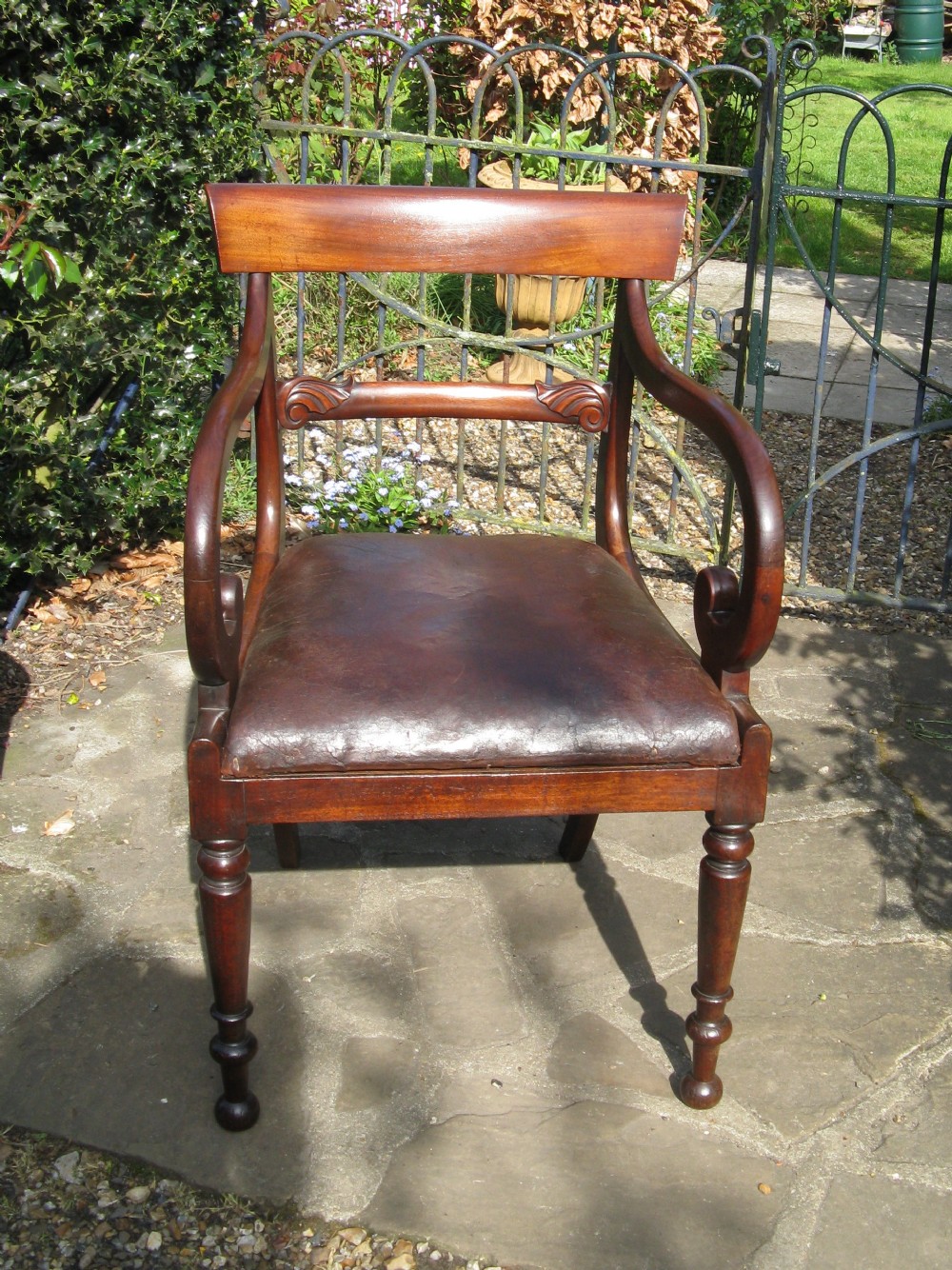 SCROLL ARM MAHOGANY DESK CARVER CHAIR c1840
