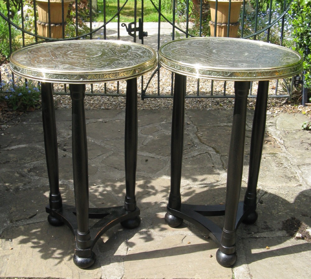 NEAR PAIR OF CHINESE BRASS LAMP TABLES on OAK TRIFORM BASES c1920