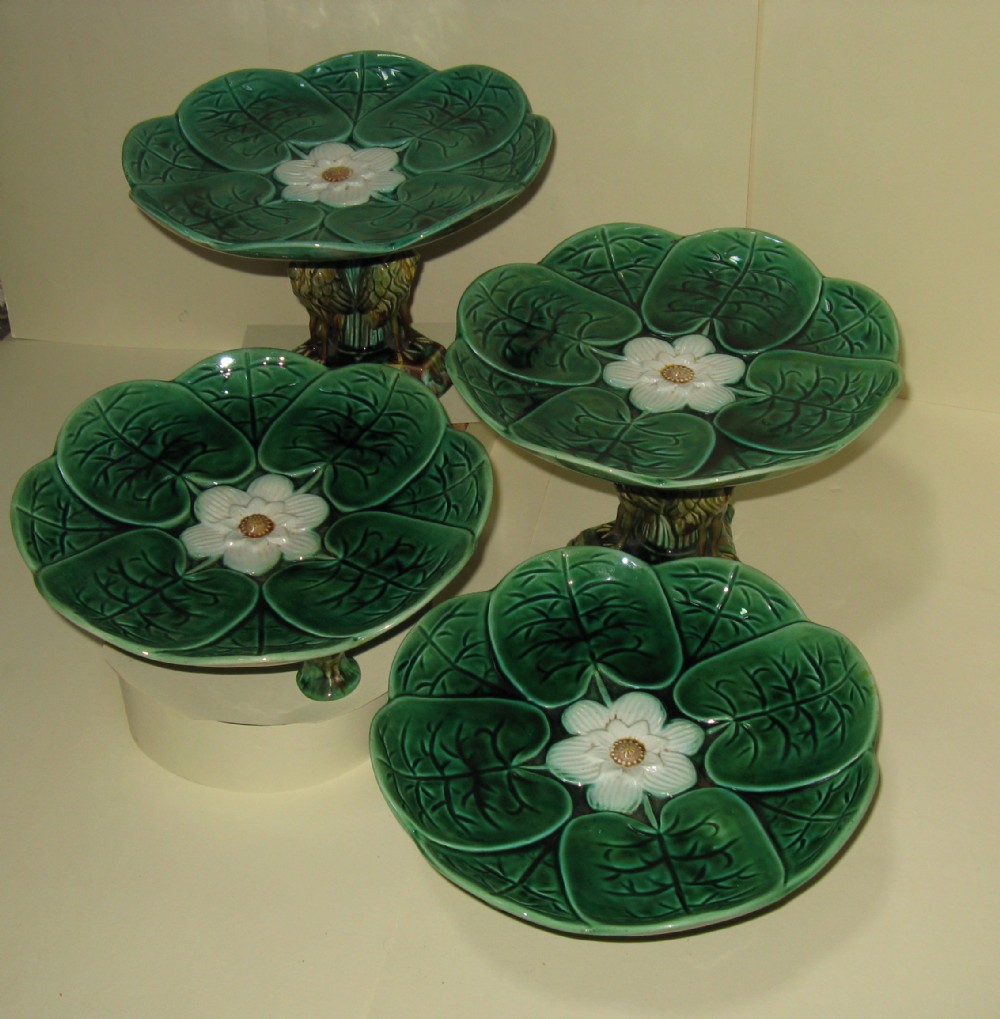 SET OF FOUR VICTORIAN MAJOLICA WATERLILY COMPORTS c1880