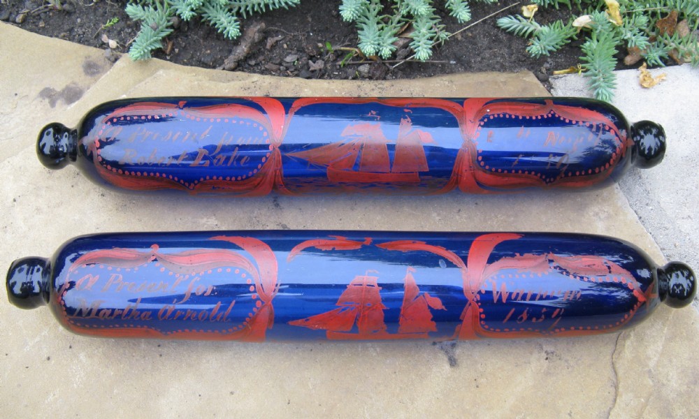 RARE PAIR OF ANTIQUE BRISTOL BLUE GLASS ROLLING PINS - NORFOLK 1859