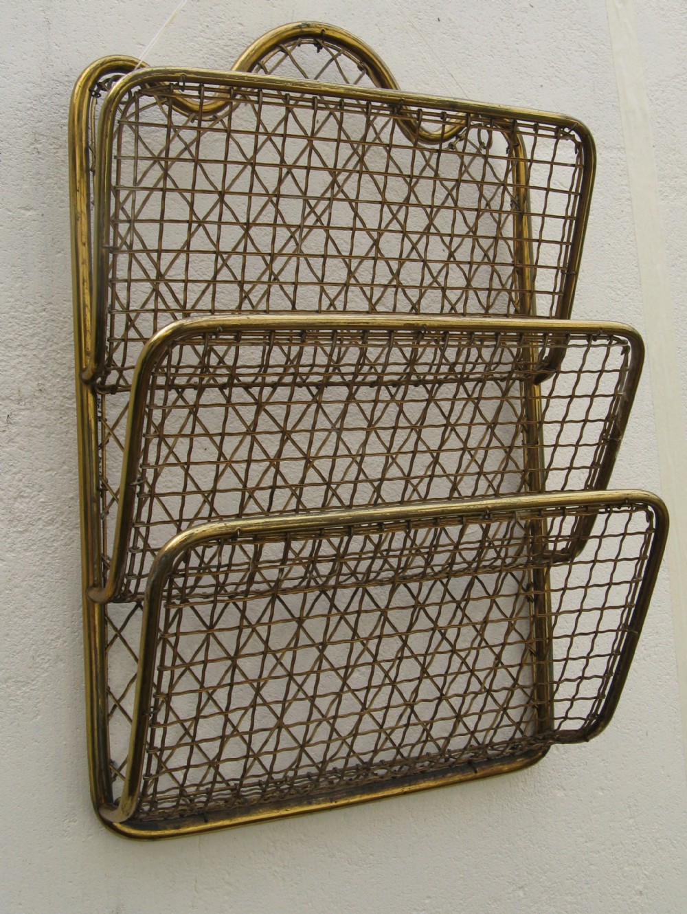LATE 19th CENTURY BRASS THREE TIER WIREWORK LETTER RACK