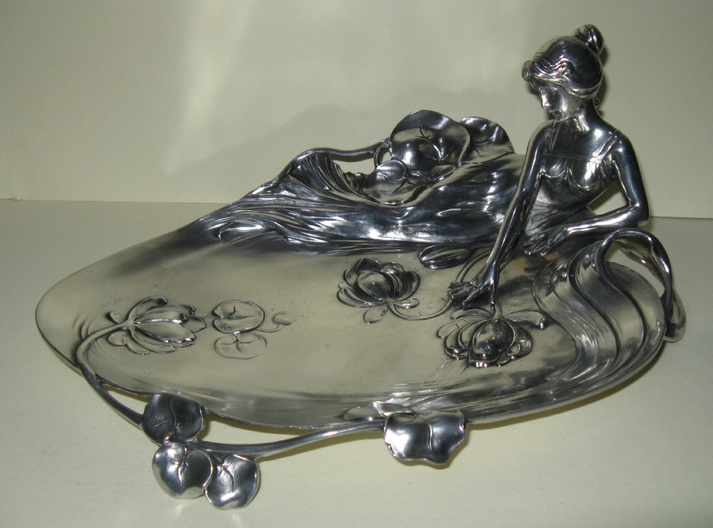 ART NOUVEAU POLISHED PEWTER WATER LILY CARD TRAY c1900