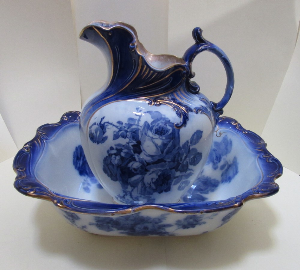 FINE DOULTON GLOIRE DE DIJON FLOW BLUE JUG & BOWL Circa 1900