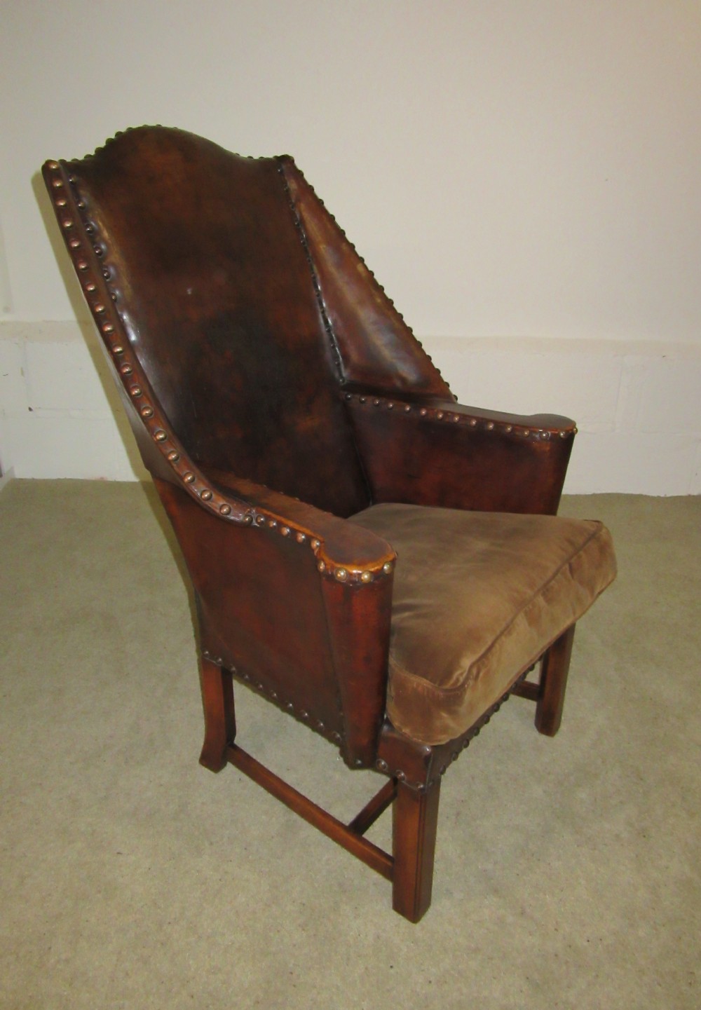 ORIGINAL LEATHER & BRASS STUDDED WING CHAIR circa 1920