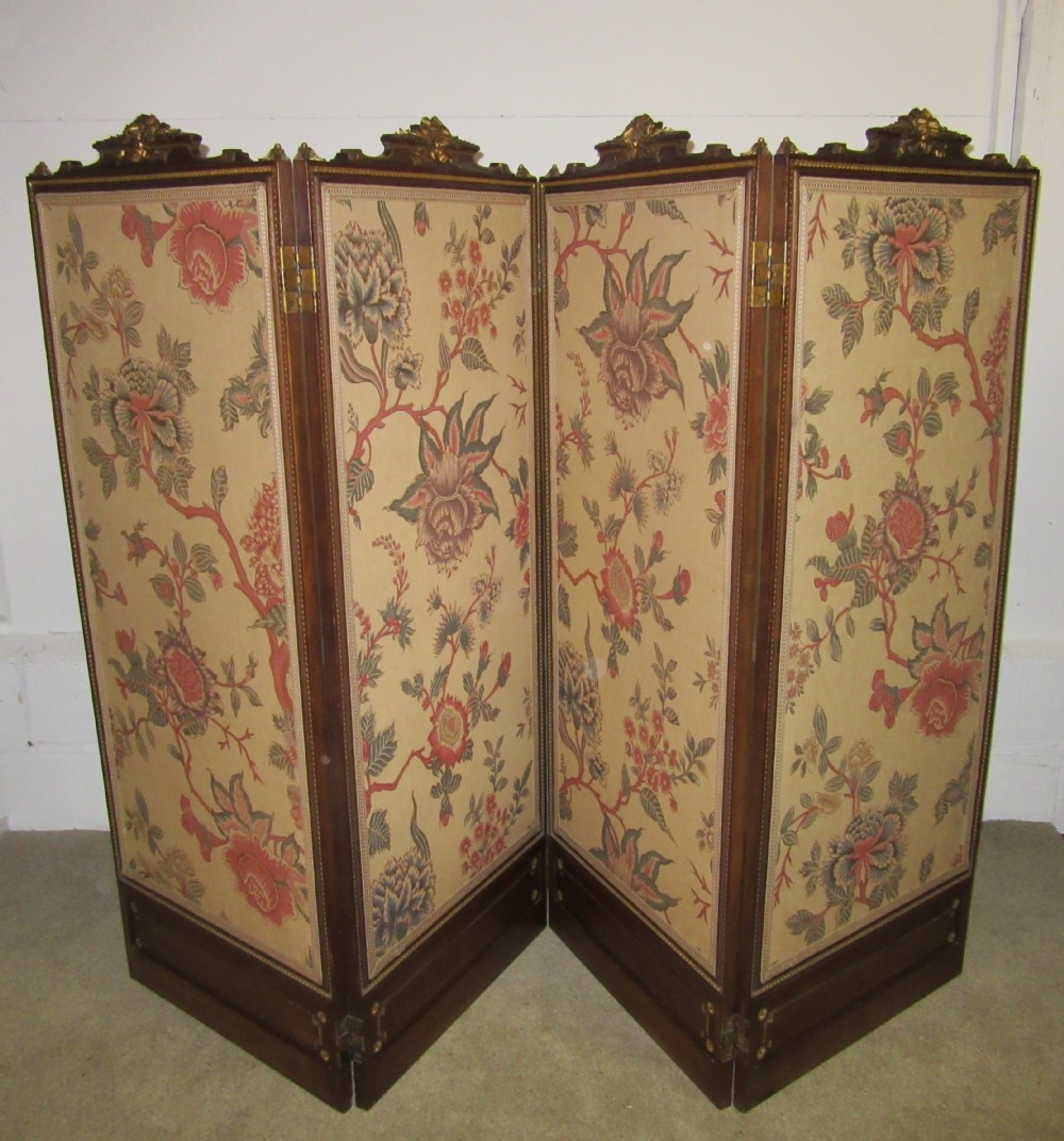 ELEGANT CARVED WALNUT & PARCEL GILT 4 FOLD SCREEN c1890