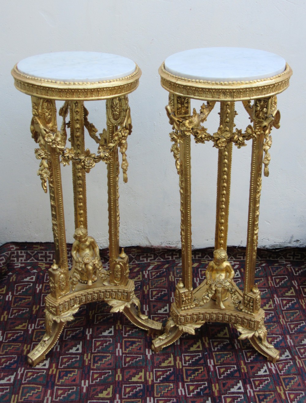 NEAR PAIR OF VICTORIAN GILT & MARBLE TORCHERES c1890