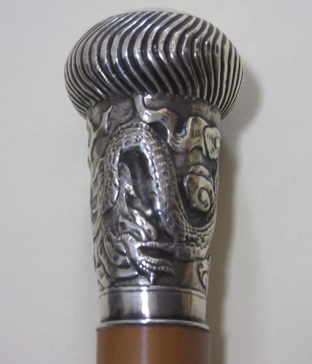 CHINESE WHITE METAL DRAGON & SPIRAL MALACCA CANE c1900