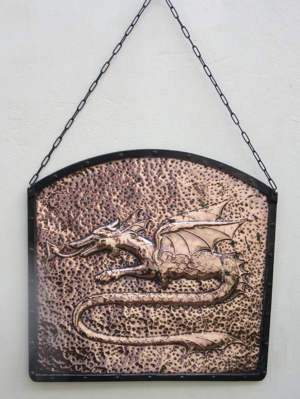ARTS & CRAFTS BEATEN COPPER DRAGON PLAQUE c1890