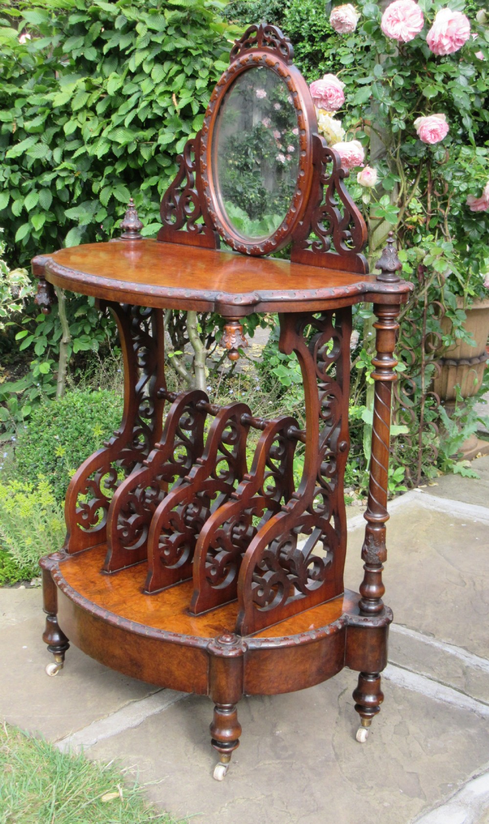 VICTORIAN BURR WALNUT CANTERBURY WHATNOT circa 1860