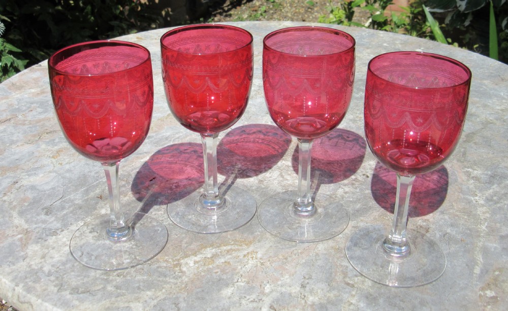 SET OF 4 ETCHED & CUT CRANBERRY GLASSES circa 1880