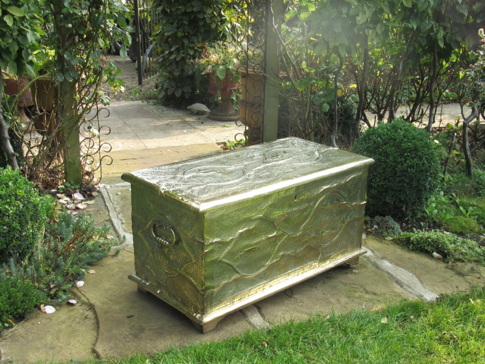 UNUSUAL COLONIAL DECORATED BRASS CHEST c1920