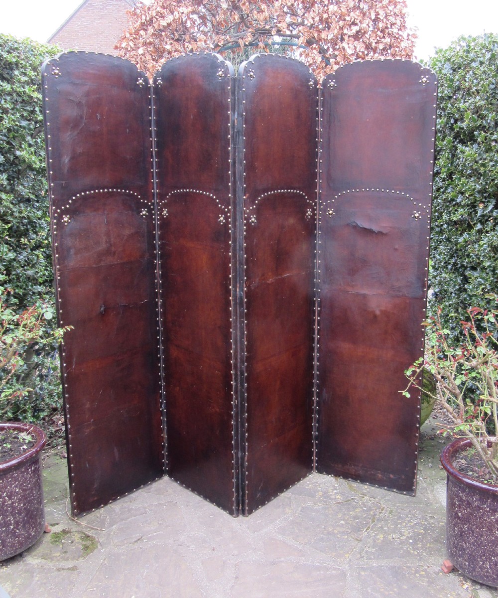 ANTIQUE FOUR FOLD LEATHER SCREEN