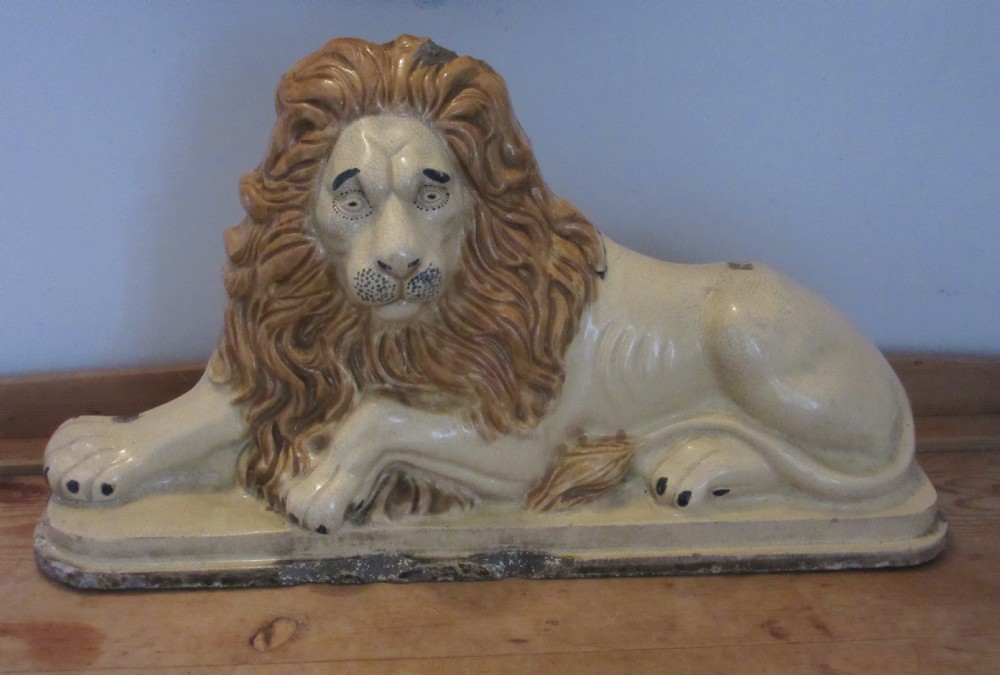 LARGE ENGLISH STONEWARE LION ON PLINTH c1860
